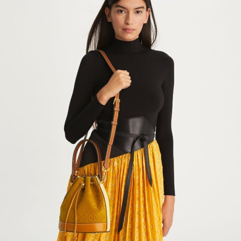 NEW! Tory Burch T-Monogram SUEDE EMBOSSED Bucket -large Claret (Deep Sunflower) - Picture 10 of 15